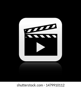 Black Movie clapper icon isolated on black background. Film clapper board. Clapperboard sign. Cinema production or media industry concept. square button. Vector Illustration