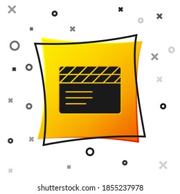 Black Movie clapper icon isolated on white background. Film clapper board. Clapperboard sign. Cinema production or media industry. Yellow square button. Vector.