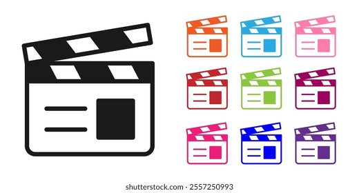 Black Movie clapper icon isolated on white background. Film clapper board. Clapperboard sign. Cinema production or media industry. Set icons colorful. Vector