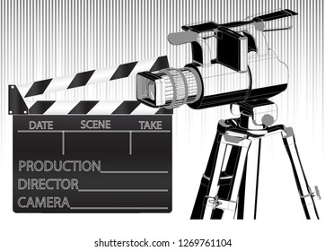 Black movie clapperboard and camera on gray background. Vector image