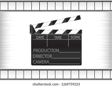 Black movie clapperboard and cine-film on gray background vector image