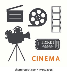 Black Movie Icons silhouettes. Flat style. Film industry. Cinematography concept. Vector illustration.