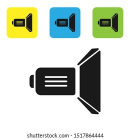 Black Movie spotlight icon isolated on white background. Light Effect. Scene, Studio, Show. Set icons colorful square buttons. Vector Illustration