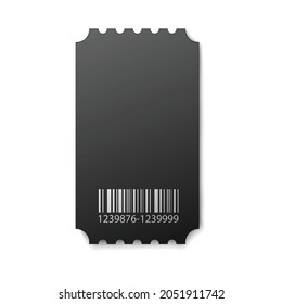 Black movie ticket stub - isolated realistic mockup of cardboard raffle coupon with white barcode isolated on white background. Vector illustration.