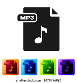 Black MP3 file document. Download mp3 button icon isolated on white background. Mp3 music format sign. MP3 file symbol. Set icons in color square buttons. Vector Illustration