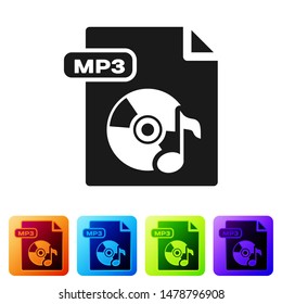 Black MP3 file document. Download mp3 button icon isolated on white background. Mp3 music format sign. MP3 file symbol. Set icons in color square buttons. Vector Illustration