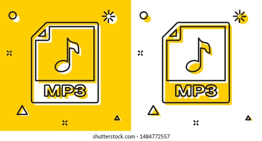 Black MP3 file document. Download mp3 button icon isolated on yellow and white background. Mp3 music format sign. MP3 file symbol. Random dynamic shapes. Vector Illustration