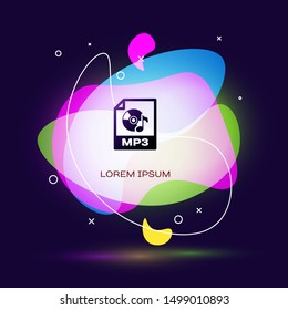 Black MP3 file document. Download mp3 button icon isolated on dark blue background. Mp3 music format sign. MP3 file symbol. Abstract banner with liquid shapes. Vector Illustration