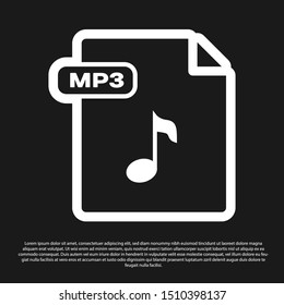 Black MP3 file document. Download mp3 button icon isolated on black background. Mp3 music format sign. MP3 file symbol.  Vector Illustration