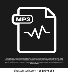Black MP3 file document. Download mp3 button icon isolated on black background. Mp3 music format sign. MP3 file symbol.  Vector Illustration