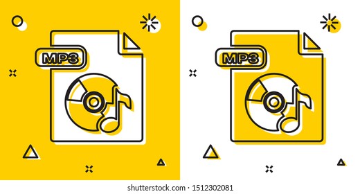 Black MP3 file document. Download mp3 button icon isolated on yellow and white background. Mp3 music format sign. MP3 file symbol. Random dynamic shapes. Vector Illustration