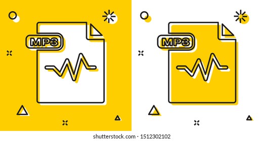 Black MP3 file document. Download mp3 button icon isolated on yellow and white background. Mp3 music format sign. MP3 file symbol. Random dynamic shapes. Vector Illustration