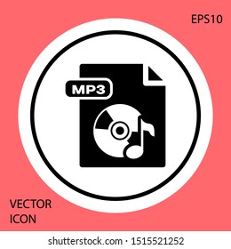 Black MP3 file document. Download mp3 button icon isolated on red background. Mp3 music format sign. MP3 file symbol. White circle button. Vector Illustration