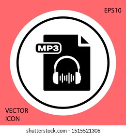 Black MP3 file document. Download mp3 button icon isolated on red background. Mp3 music format sign. MP3 file symbol. White circle button. Vector Illustration