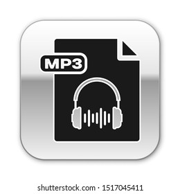Black MP3 file document. Download mp3 button icon isolated on white background. Mp3 music format sign. MP3 file symbol. Silver square button. Vector Illustration
