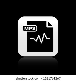Black MP3 file document. Download mp3 button icon isolated on black background. Mp3 music format sign. MP3 file symbol. Silver square button. Vector Illustration