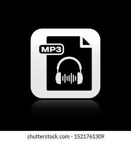 Black MP3 file document. Download mp3 button icon isolated on black background. Mp3 music format sign. MP3 file symbol. Silver square button. Vector Illustration