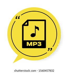 Black MP3 file document. Download mp3 button icon isolated on white background. Mp3 music format sign. MP3 file symbol. Yellow speech bubble symbol. Vector Illustration