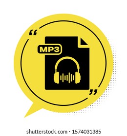Black MP3 file document. Download mp3 button icon isolated on white background. Mp3 music format sign. MP3 file symbol. Yellow speech bubble symbol. Vector Illustration