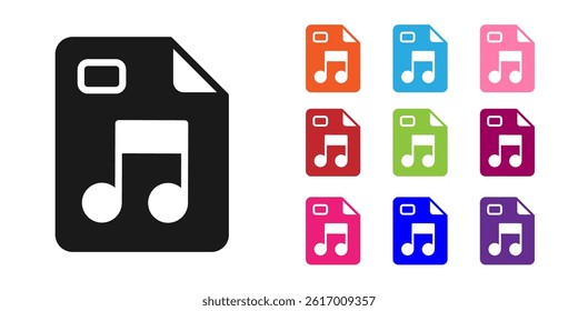 Black MP3 file document. Download mp3 button icon isolated on white background. Mp3 music format sign. MP3 file symbol. Set icons colorful. Vector