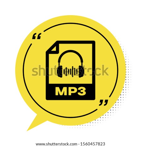 Black MP3 file document. Download mp3 button icon isolated on white background. Mp3 music format sign. MP3 file symbol. Yellow speech bubble symbol. Vector Illustration