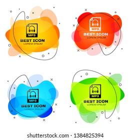 Black MP3 file document icon. Download mp3 button icon isolated. Mp3 music format sign. MP3 file symbol. Set of liquid color abstract geometric shapes. Vector Illustration