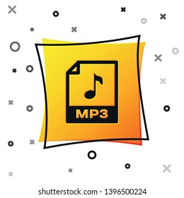 Black MP3 file document icon. Download mp3 button icon isolated on white background. Mp3 music format sign. MP3 file symbol. Yellow square button. Vector Illustration