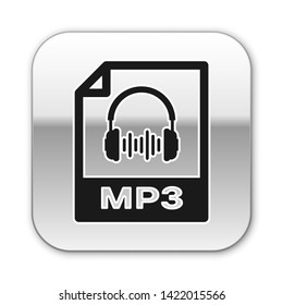 Black MP3 file document icon. Download mp3 button icon isolated on white background. Mp3 music format sign. MP3 file symbol. Silver square button. Vector Illustration