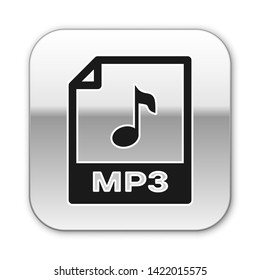 Black MP3 file document icon. Download mp3 button icon isolated on white background. Mp3 music format sign. MP3 file symbol. Silver square button. Vector Illustration