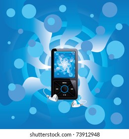 Black mp3 player, blue display and white handset, on a blue background.