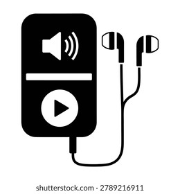 A black mp3 player with earbuds and a play button icon on the screen, symbolizing music and entertainment