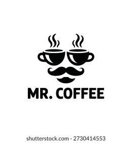 Black mr coffee logo with steaming cups and mustache