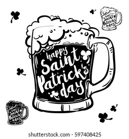 Black Mug with beer and inscription on white background. Calligraphy Happy St. Patrick's day, design element, banner. Vector illustration.