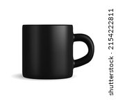 Black mug. Isolated vector coffee cup mockup template. Ceramic tea mug with handle for corporate branding, logo design. Matt glass blank, front preview. Giveaways merchandise porcelain
