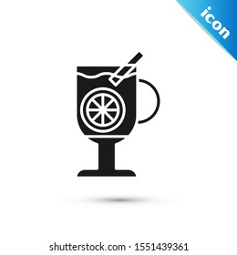 Black Mulled wine with glass of drink and ingredients icon isolated on white background. Cinnamon stick, clove, lemon slice.  Vector Illustration