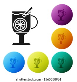 Black Mulled wine with glass of drink and ingredients icon isolated on white background. Cinnamon stick, clove, lemon slice. Set icons colorful circle buttons. Vector Illustration