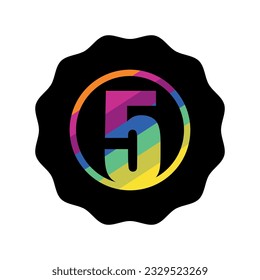 Black with Multicolor Starburst Badge Icon. Number 5