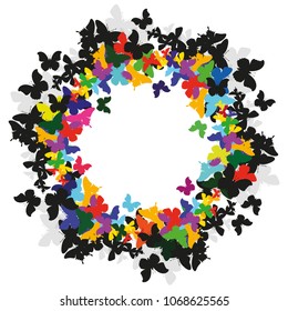Black and multi-colored butterflies flying in a circle