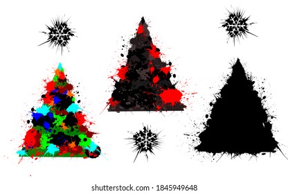 Árboles navideños negros y multicolores creados a partir de gotas y gotitas multicolores, con copos de nieve monocromos.