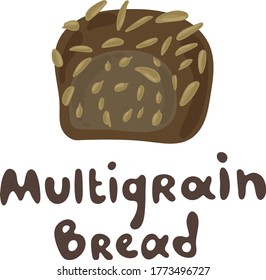 Black multigrain bread. Vector drawing of rye bread. Cute flat style. Funny clipart stock illustration. Icon for menu. Template for cafe or bakery design. Bread and harvest theme