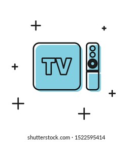 Black Multimedia and TV box receiver and player with remote controller icon isolated on white background.  Vector Illustration