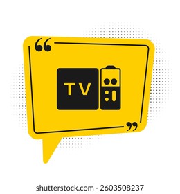 Black Multimedia and TV box receiver and player with remote controller icon isolated on white background. Yellow speech bubble symbol. Vector