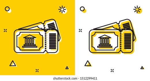 Black Museum ticket icon isolated on yellow and white background. History museum ticket coupon event admit exhibition excursion. Random dynamic shapes. Vector Illustration