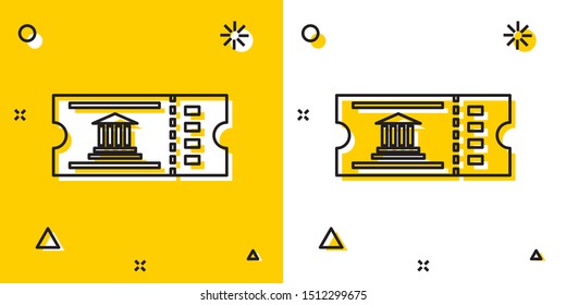 Black Museum ticket icon isolated on yellow and white background. History museum ticket coupon event admit exhibition excursion. Random dynamic shapes. Vector Illustration