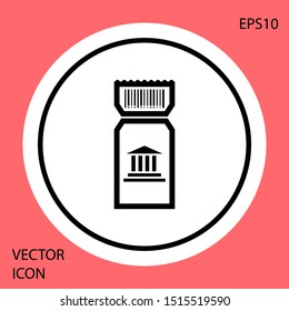 Black Museum ticket icon isolated on red background. History museum ticket coupon event admit exhibition excursion. White circle button. Vector Illustration