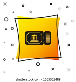 Black Museum ticket icon isolated on white background. History museum ticket coupon event admit exhibition excursion. Yellow square button. Vector Illustration