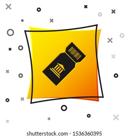 Black Museum ticket icon isolated on white background. History museum ticket coupon event admit exhibition excursion. Yellow square button. Vector Illustration