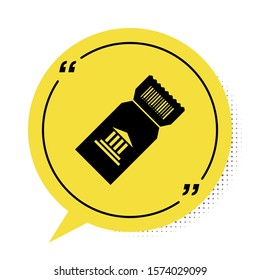 Black Museum ticket icon isolated on white background. History museum ticket coupon event admit exhibition excursion. Yellow speech bubble symbol. Vector Illustration