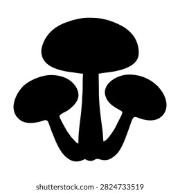 Black mushroom silhouettes with different shapes and sizes on a white background, emphasizing natural fungi forms and organic growth patterns.