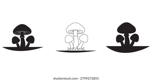 Black Mushroom Silhouettes Vector Illustration Set On Black Background